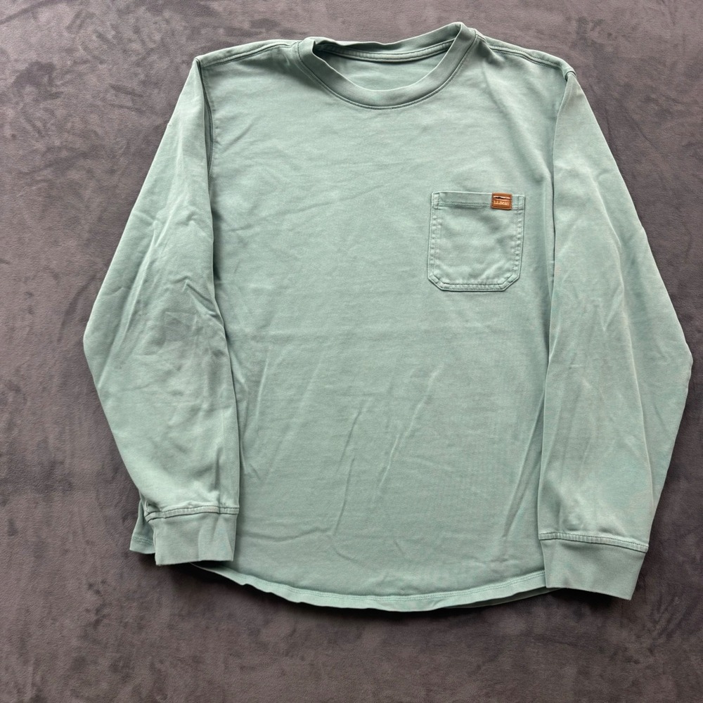 LL Bean Mens Long Sleeve Pocket T-Shirt Sage Green Cotton Crewneck Small Hole